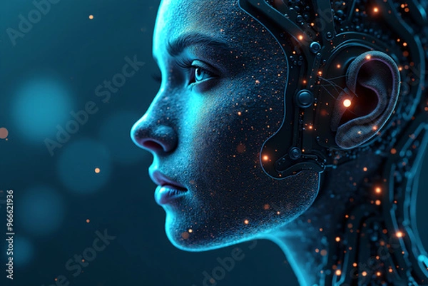 Fototapeta Artificial intelligence is presented as an abstract illustration of a model on a blue background symbolizing future technologies and transmitting data in the form of bytes and files