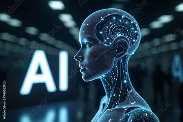 Fototapeta Artificial intelligence is presented as an abstract illustration of a model on a blue background symbolizing future technologies with the inscription AI and transmitting data in the form of bytes and 