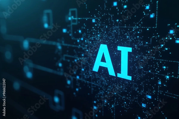 Fototapeta Artificial intelligence is presented as an abstract illustration of a model on a blue background symbolizing future technologies and transmitting data in the form of bytes and files