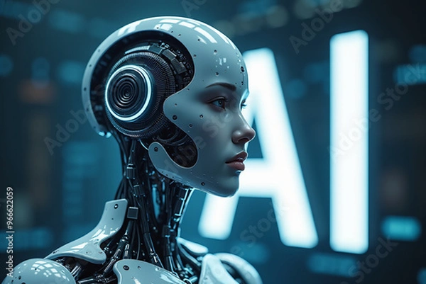 Fototapeta Artificial intelligence is presented as an abstract illustration of a model on a blue background symbolizing future technologies with the inscription AI and transmitting data in the form of bytes and 