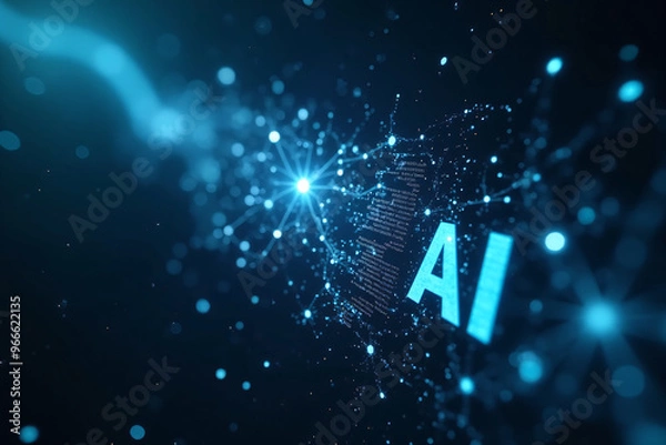 Fototapeta Artificial intelligence is presented as an abstract illustration of a model on a blue background symbolizing future technologies and transmitting data in the form of bytes and files