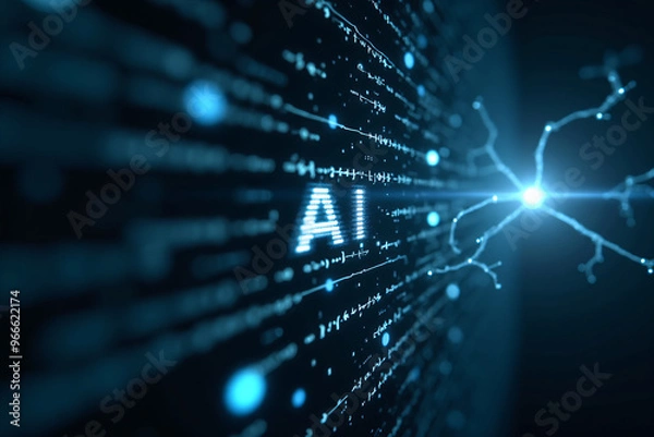 Fototapeta Artificial intelligence is presented as an abstract illustration of a model on a blue background symbolizing future technologies with the inscription AI and transmitting data in the form of bytes and 