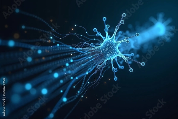 Fototapeta Artificial intelligence is presented as an abstract illustration of a model on a blue background symbolizing future technologies and transmitting data in the form of bytes and files