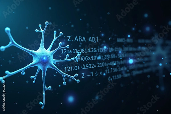 Fototapeta Artificial intelligence is presented as an abstract illustration of a model on a blue background symbolizing future technologies and transmitting data in the form of bytes and files