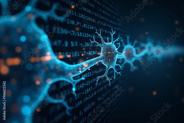 Fototapeta Artificial intelligence is presented as an abstract illustration of a model on a blue background symbolizing future technologies and transmitting data in the form of bytes and files