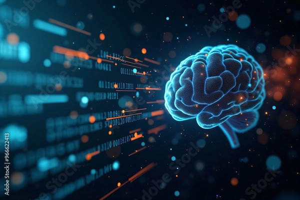 Fototapeta Artificial intelligence is presented as an abstract illustration of a model on a blue background symbolizing future technologies and transmitting data in the form of bytes and files