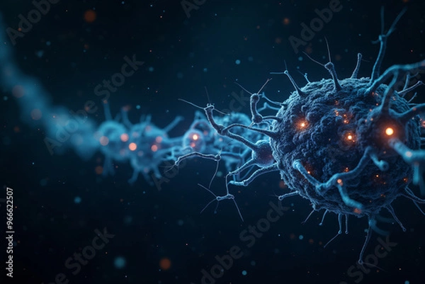 Fototapeta Artificial intelligence is presented as an abstract illustration of a model on a blue background symbolizing future technologies and transmitting data in the form of bytes and files