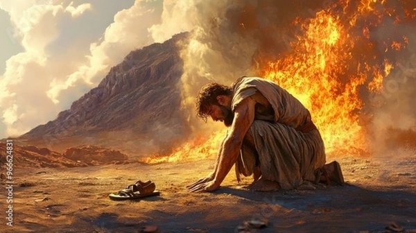 Fototapeta A man kneels before a burning bush in a desert landscape, symbolizing spiritual encounter or divine revelation.
