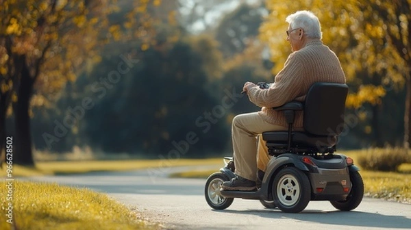 Fototapeta Elderly man riding a mobility scooter in a park during autumn, enjoying independence and nature with a peaceful backdrop.