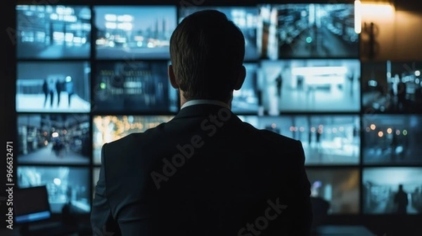 Fototapeta Security officer monitors multiple CCTV screens in a control room, ensuring safety and surveillance for a secure environment.
