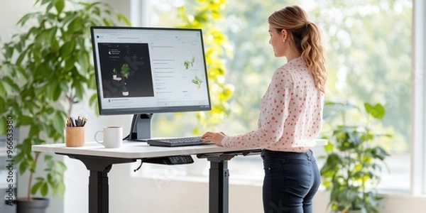 Obraz Woman standing at adjustable desk in bright office with plants using computer, symbolizing ergonomic productivity. Workplace health concept