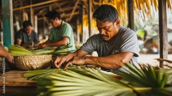 Fototapeta Traditional artisans crafting with palm leaves, showcasing detailed manual labor and cultural heritage in a rustic setting.