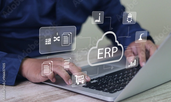 Fototapeta ERP, Enterprise Resource Planning concept. Connecting data with cloud computing to access to HR management. Business resources plan to manage company enterprise resource.