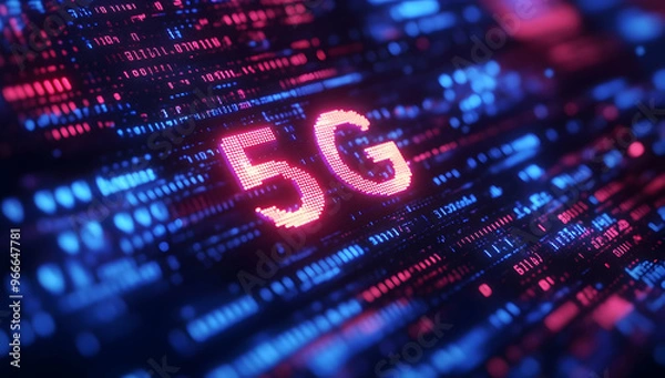 Fototapeta Vibrant 5G technology graphic showcasing data streams in vivid colors, representing fast connectivity and modern innovations.