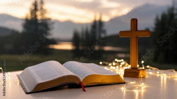 Fototapeta Open Bible and illuminated cross at sunset, symbolizing faith and spirituality in a serene natural setting with bokeh lights.
