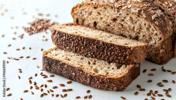 Fototapeta Freshly baked bread slices with seeds on a rustic table, perfect for healthy meals and snacks.