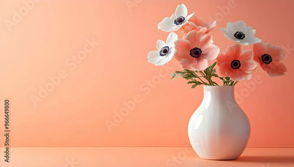 Fototapeta A beautiful arrangement of peach and white flowers in a sleek white vase against a soft coral backdrop, perfect for home decor.