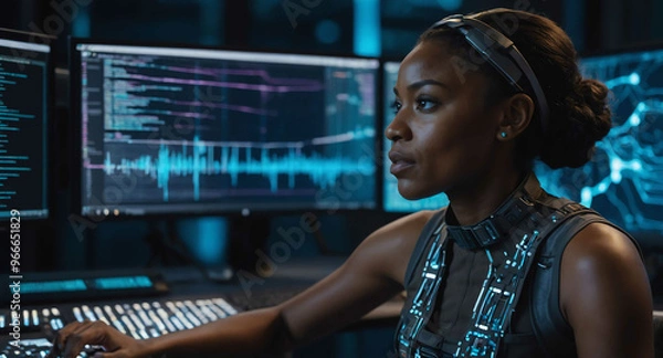Fototapeta Engaged Black female working on code with holographic interface background