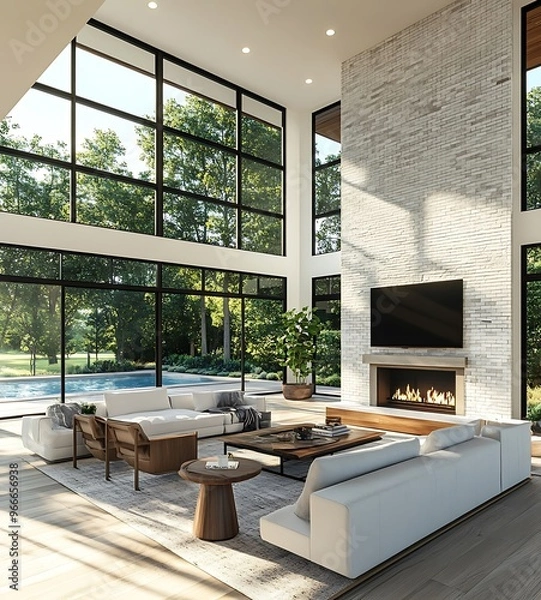 Fototapeta Beautiful living room in new luxury home wall of windows, floor to ceiling fireplace surround, hardwood floors, and exterior view of pool and trees.