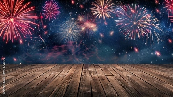 Obraz Fireworks Display Over Wooden Plank