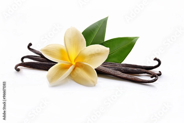 Obraz vanilla sticks and vanilla flowers and plumeria flower isolated on white background