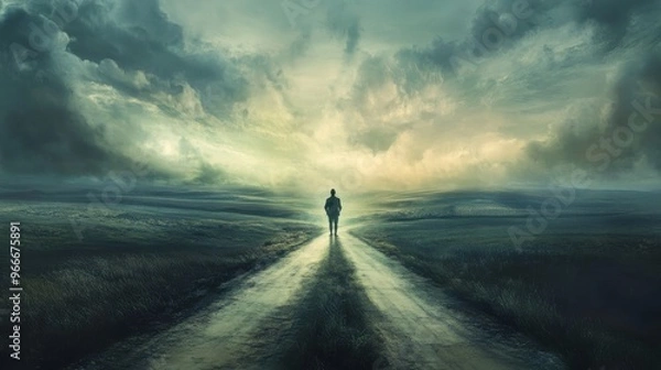 Fototapeta A man is walking down a road in a desolate landscape