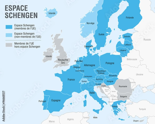 Fototapeta Mapa strefy Schengen (teksty w języku francuskim)