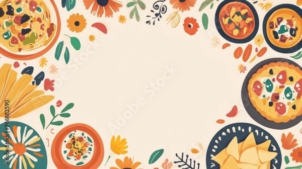 Obraz Vibrant Mexican Cuisine Scene with Marigold Border and Festive Patterns on Beige Background