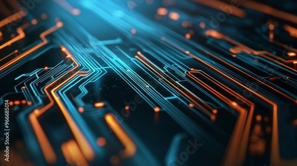 Fototapeta A close up of a circuit board with blue and orange lines