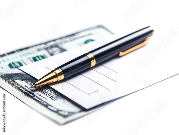 Fototapeta Loan repayment slip clipart, payday finance, watercolor illustration, sharp edges, paper slip with pen, isolated on white background