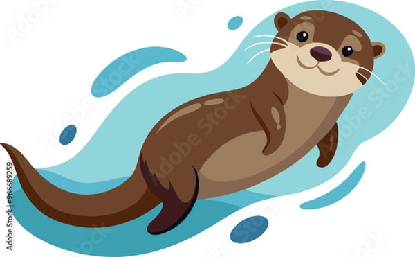 Fototapeta A cartoon otter is swimming in the water. The otter is smiling and he is enjoying itself