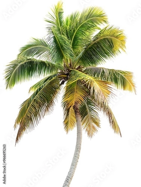 Fototapeta A single, tall palm tree with green fronds against a white background.