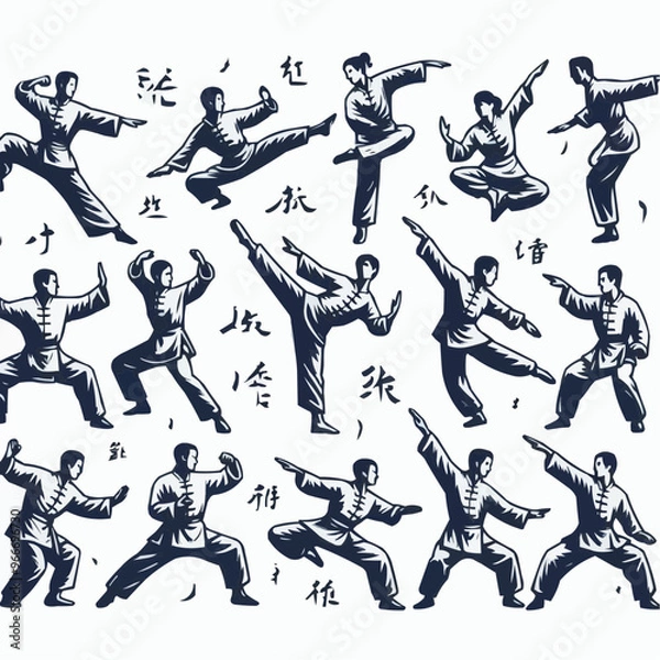 Obraz pattern with sports icons set of Kung fu player moves vector icon sheet silhouettes