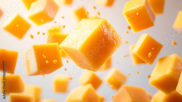 Obraz A close up of yellow cubes of cheese with a few pieces missing