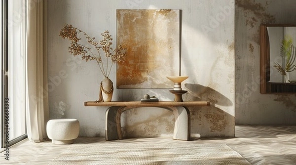 Fototapeta Boho Home Decor: Modern Console Table with Artistic Decor Elements for a Balanced and Aesthetically Pleasing Interior