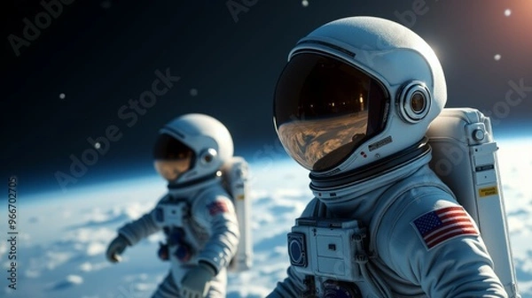 Fototapeta Two astronauts are standing on the surface of the moon