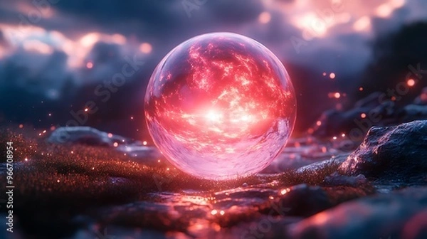 Fototapeta A glowing orb sits on a bed of moss and rocks, radiating light and surrounded by a cloudy sky.