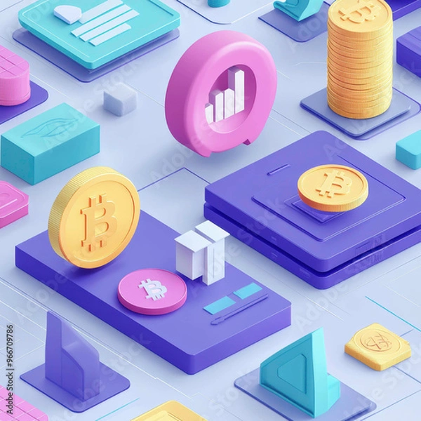 Fototapeta A modern, colorful design illustrating a decentralized finance (DeFi) platform with Bitcoin coins, graphs, and digital wallets. The layout highlights financial growth and crypto management.