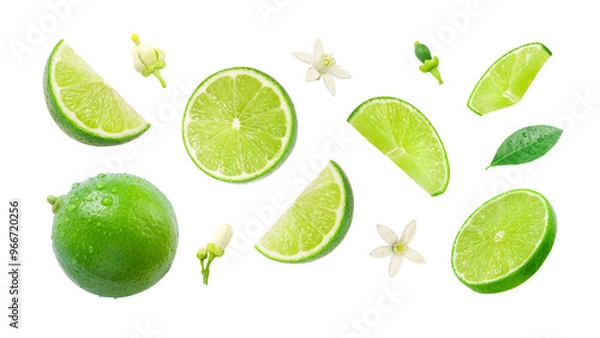 Obraz Lime has water drop with lime slices and flower texture isolated on white background , Clipping path.