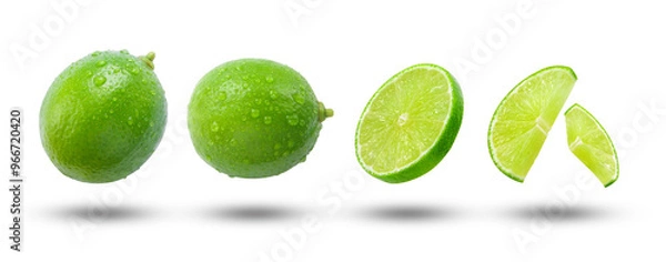 Obraz Set of lime has water drop with  lime slices isolated on white background , clipping path.
