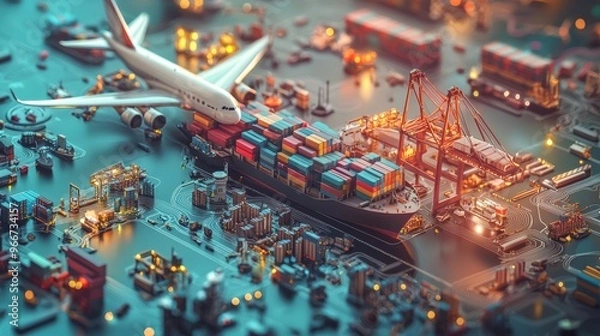 Obraz Aerial View of Busy Seaport with Cargo Ships and Cranes at Night