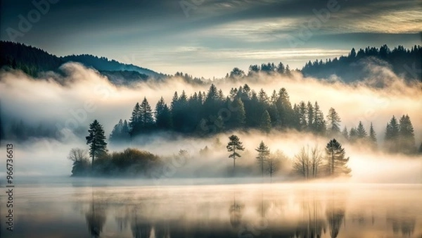Fototapeta Mysterious and moody fog covering a tranquil landscape