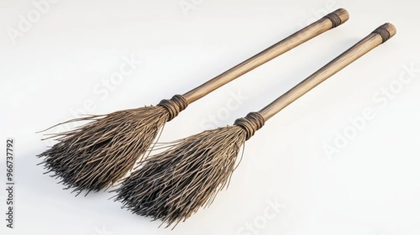 Fototapeta Two brooms are shown, one of which is slightly longer than the other