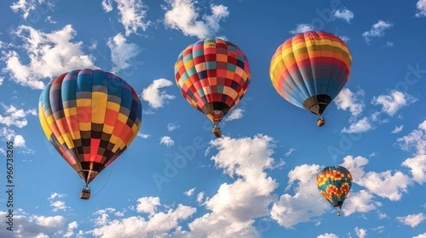Fototapeta Colorful hot air balloons soaring in a bright blue sky with fluffy clouds.