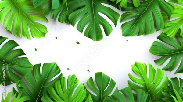 Fototapeta A vibrant arrangement of tropical leaves framing a blank space for text or design.