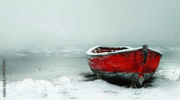 Fototapeta A solitary red boat rests on snow-covered ground near a frozen lake, surrounded by a serene winter landscape.