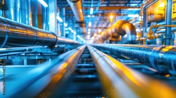 Fototapeta A close-up view of industrial pipes in a facility, showcasing engineering and infrastructure.