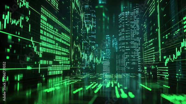Fototapeta Green stock market chart and trading data in the dark, cyberpunk style