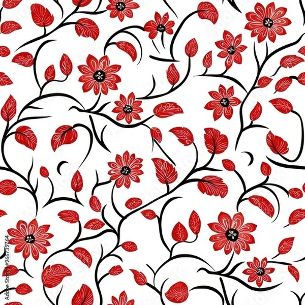 Fototapeta Red Floral Seamless Pattern