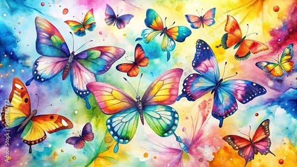 Fototapeta Beautiful watercolor butterflies in vibrant colors perfect for desktop backgrounds and wallpapers